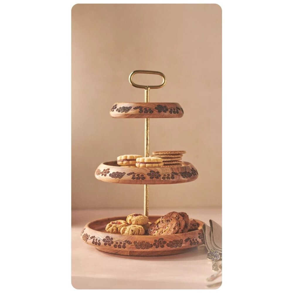 Anthropologie Jerrelle Guy Wooden Floral Carved Tiered Dessert Stand